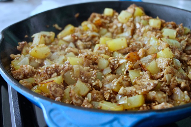 cooking eggplant onion and potato hash