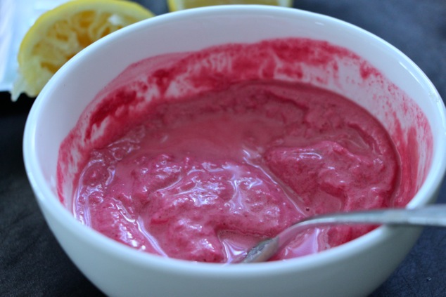 making pink tehina with beet juice