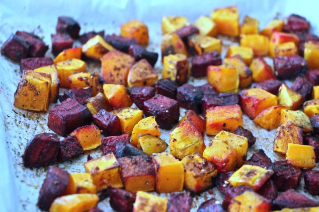 roasted beets and butternut squash ready on tray