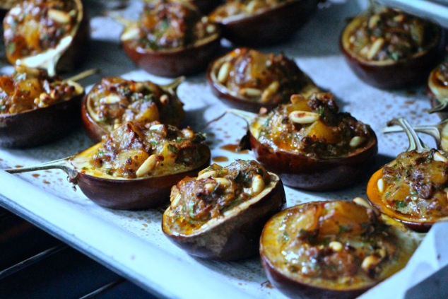 stuffed eggplants baking in the oven