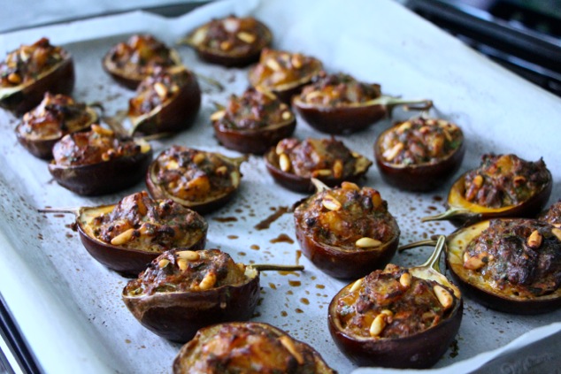 stuffed eggplants out of the oven