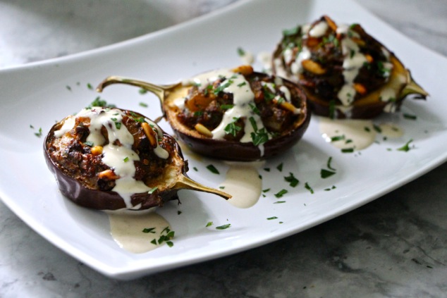 stuffed eggplants served with Tehina