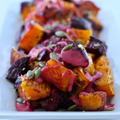 A Middle Eastern Inspired Thanksgiving – Roasted Beets & Butternut Squash topped with Pumpkin Seeds, Pink Tehina and Lemon Zest