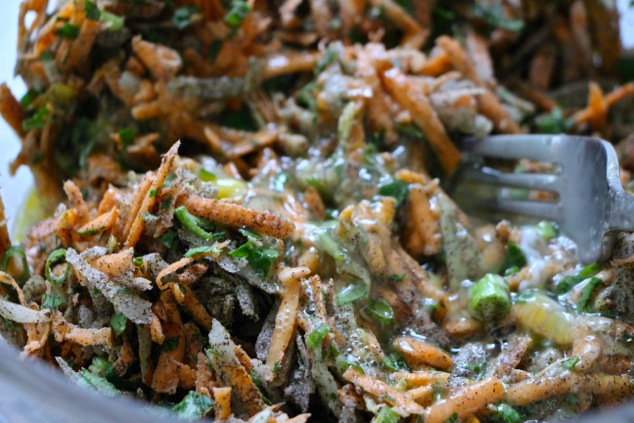 adding eggs to latkes ingredients