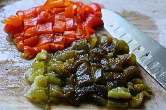 chopping roasted peppers