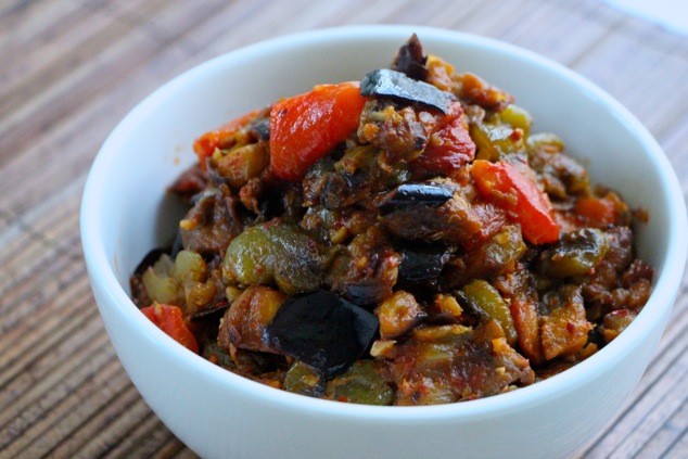 eggplant roasted peppers salad ajloog served