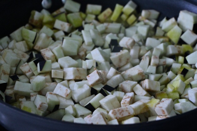 eggplant cubes in pan