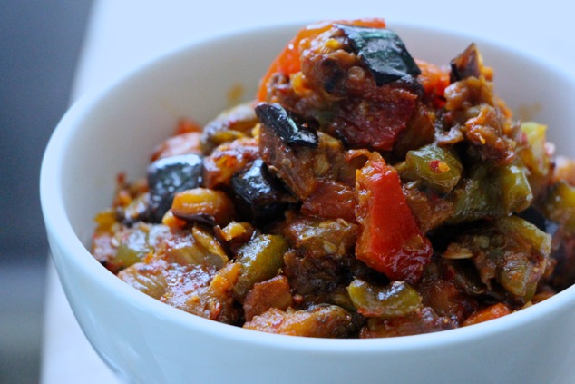 eggplant roasted peppers ajloog salad served up close