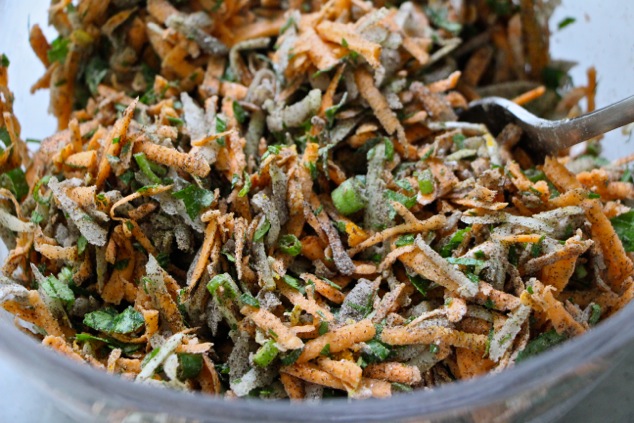 mixing latkes ingredients