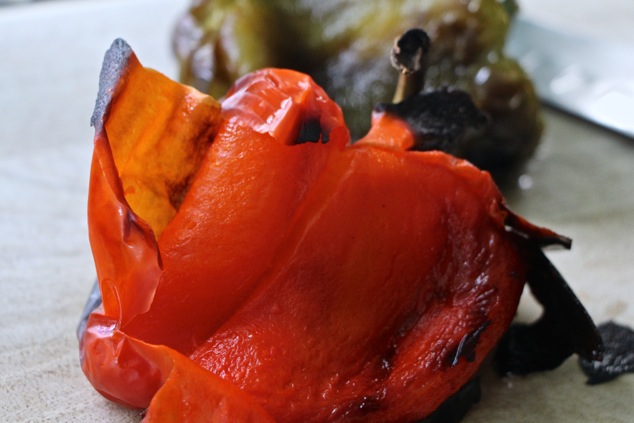 peeling roasted peppers up close
