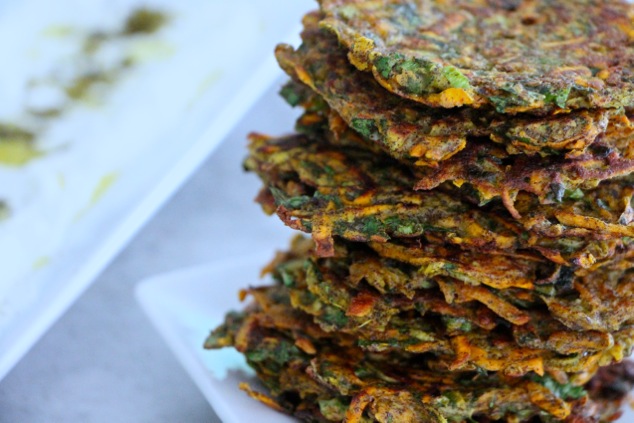 stack of sweet potato kohlrabi latke up close