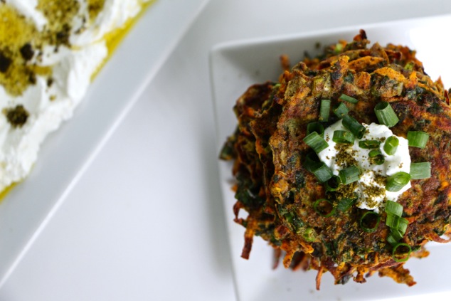 sweet potato kohlrabi latkes served from above