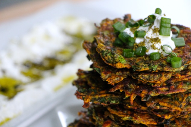 sweet potato kohlrabi latkes served up close