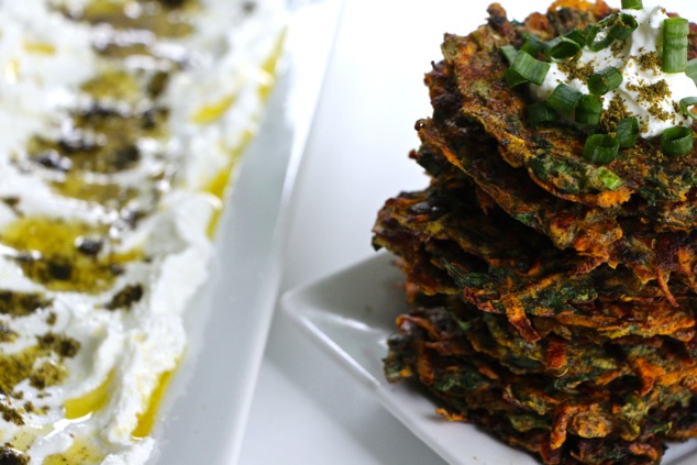 sweet potato kohlrabi latkes served with labneh