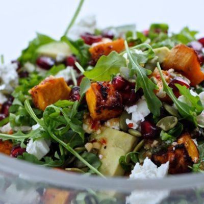 Fresh AruguLOVE Salad – with Roasted Sweet Potatoes, Avocado, Pomegranate and Goat Cheese