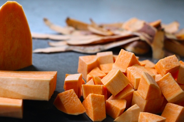 cut up sweet potatoes