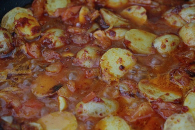 adding water to the shakshuka mixture up close