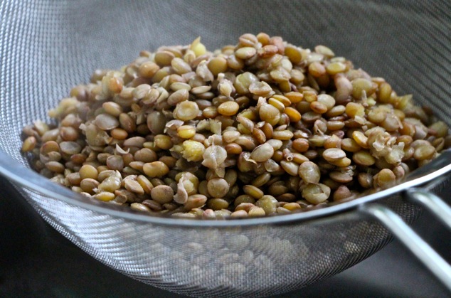 draining cooked lentils