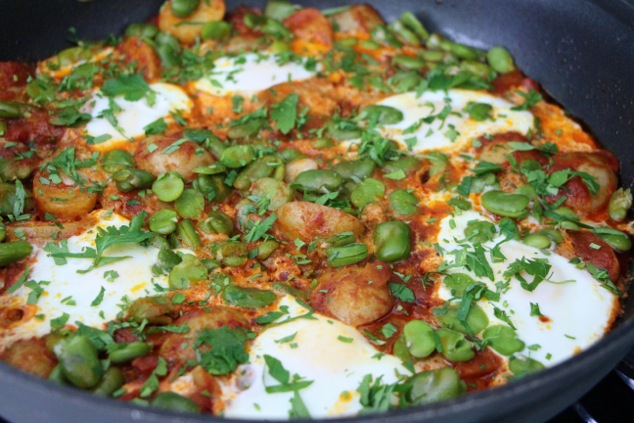 passover shakshuka topped with chopped parsley