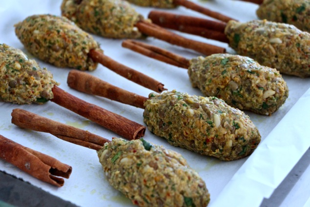 vegetarian kabobs formed on baking sheet