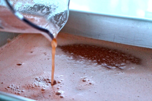 pouring granita mixture into baking dish