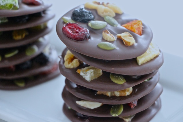 chocolate dried fruit circles pile up close