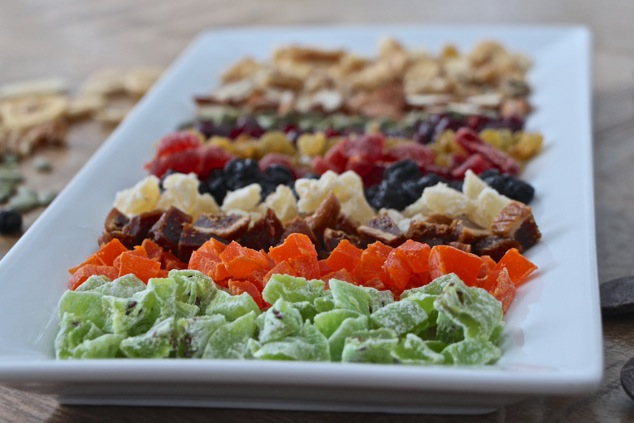 dried fruit chopped and sorted on a tray