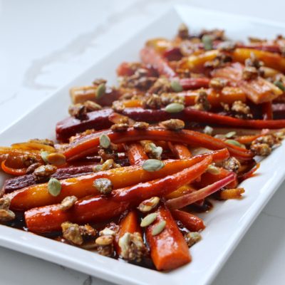 Glazed Colorful Carrots With Cumin Candied Pumpkin Seeds